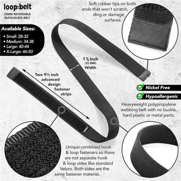 Black Web Belt No Buckle Adjustable Hook Loop Rubber Tip Nickel Free Strap - Picture 3 of 5